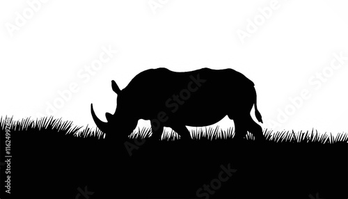 Silhouette of rhinoceros grazing against white background