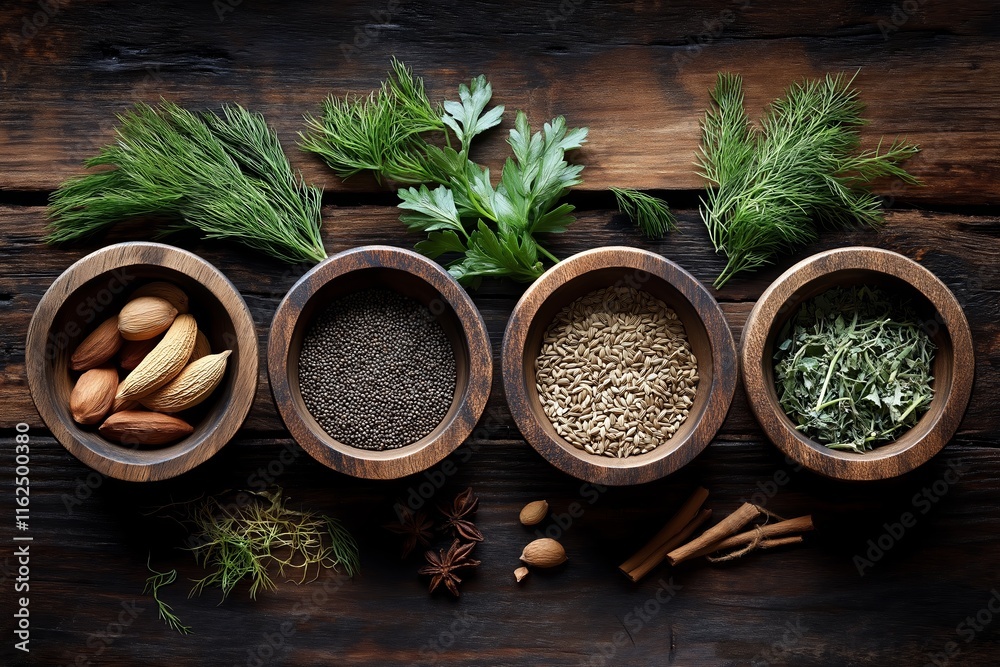 A beautifully arranged display of various spices and herbs, perfect for enhancing dishes. The inclusion of Aquavit, an alcoholic beverage, complements the vibrant food scene. A beautifully arranged display of various spices and herbs, perfect for enhancing dishes. The inclusion of Aquavit, an alcoholic beverage, complements the vibrant food scene.