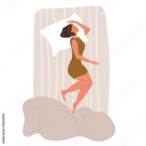 Young woman lying in your bed with her eyes open and thinking about something. Girl resting alone, not sleeping, dreaming.Insomnia. Have good dream. Colored cartoon Vector illustration in Flat style