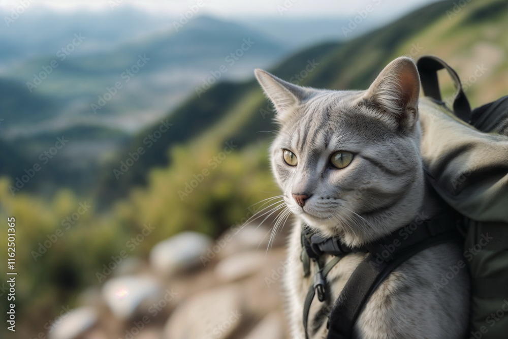 Fototapeta premium Cat tourist close-up on a trip in the mountains, with a backpack, looks into the distance