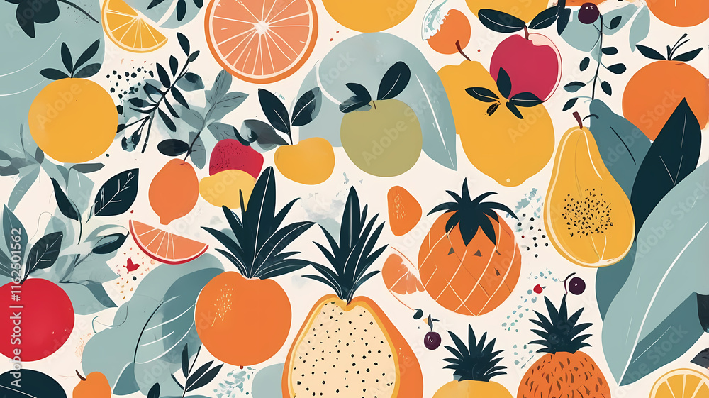 Collection of modern abstract prints and seamless pattern with fruits and leaves. Modern wall art poster. Summer fruit vector design for cards, invitations, posters, banners. Collection of modern abstract prints and seamless pattern with fruits and leaves. Modern wall art poster. Summer fruit vector design for cards, invitations, posters, banners.