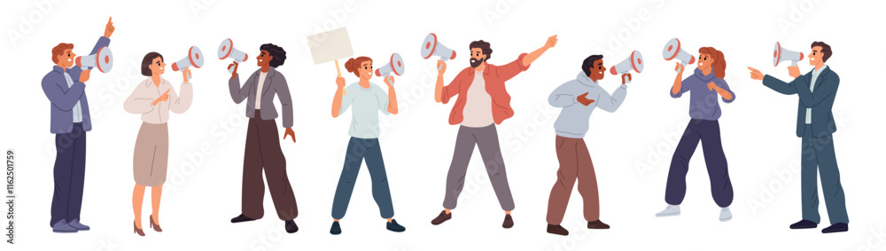 People talking through megaphone. Public speakers. Agitators shouting into loudspeakers. Different poses. Persons agitating and announcing. Demonstration activist. Garish vector set People talking through megaphone. Public speakers. Agitators shouting into loudspeakers. Different poses. Persons agitating and announcing. Demonstration activist. Garish vector set