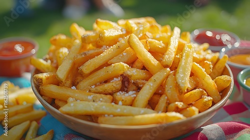 Overhead View of Vibrant Picnic with Crispy French Fries and Colorful Dipping Sauces photo