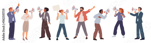 People talking through megaphone. Public speakers. Agitators shouting into loudspeakers. Different poses. Persons agitating and announcing. Demonstration activist. Garish vector set