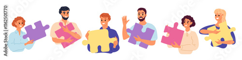People holding large pieces of colored puzzle. Business teamwork. Working on common task. Office staff characters. Employees cooperation. Men and women with jigsaw. Garish vector set