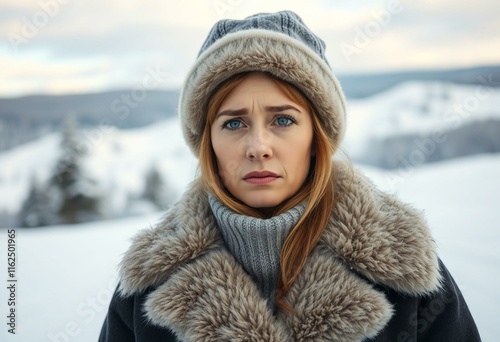 Female portrait in winter landscape with blurred background photo