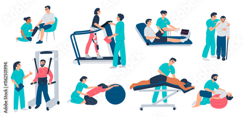 Patients on physical therapy. People develop muscles. Healthy life. Disability treatment process. Physiotherapy rehabilitation. Disabled person with fitness ball. Garish vector set