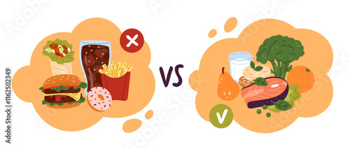 Healthy vs fastfood. Juxtaposition of junk and fresh meal. Nutritional balanced products. Unhealthy cholesterol food. Diet choice. Cola with burger or vegetables. Garish vector concept