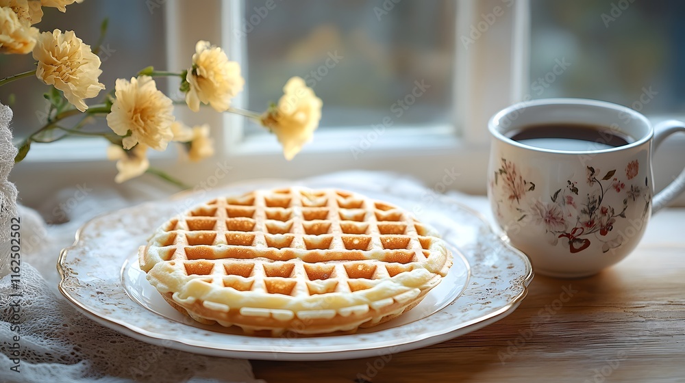 A Serene Breakfast Setting Featuring a Single Golden Waffle on a Delicate China Plate with Coffee in a Cozy Kitchen A Serene Breakfast Setting Featuring a Single Golden Waffle on a Delicate China Plate with Coffee in a Cozy Kitchen