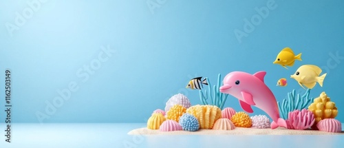 A playful pink dolphin dancing among colorful tropical fish, with a vibrant coral reef beneath a radiant, sunlit ocean surface photo