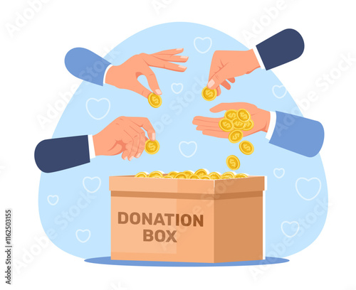 Cartoon fundraising process. Hands collect coins in donation box. Financial resources accumulation. Charity assistance. Voluntary fund. Humanitarian support. Vector philanthropy concept