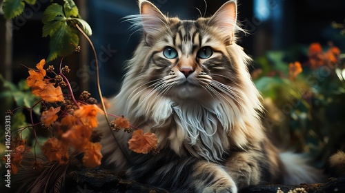 Majestic Maine Coon Cat Posing Amidst Autumnal Flowers