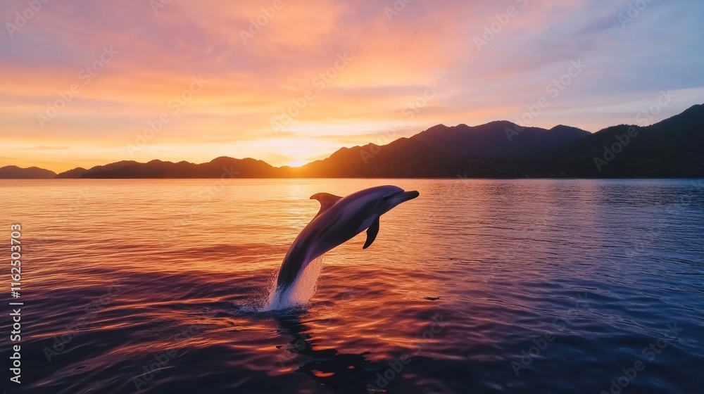 Obraz premium Majestic pink dolphin breaching under a vibrant sunset over calm tropical waters surrounded by marine beauty and silhouetted island landscapes