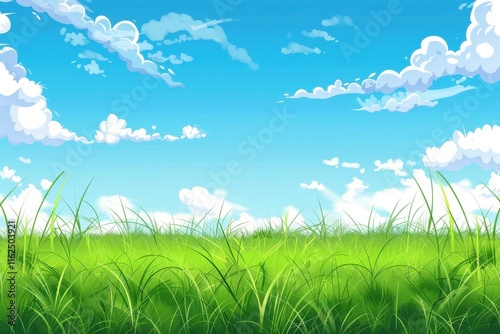 Lush Green Grass Field Under a Blue Sky with White Clouds