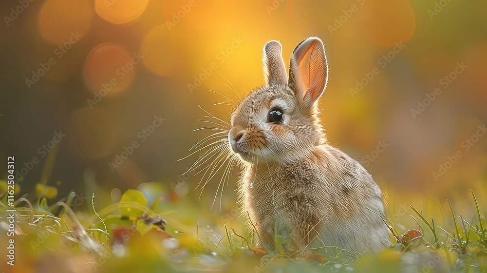 Fototapeta premium Adorable Baby Rabbit in Golden Autumn Sunlight Meadow nature background
