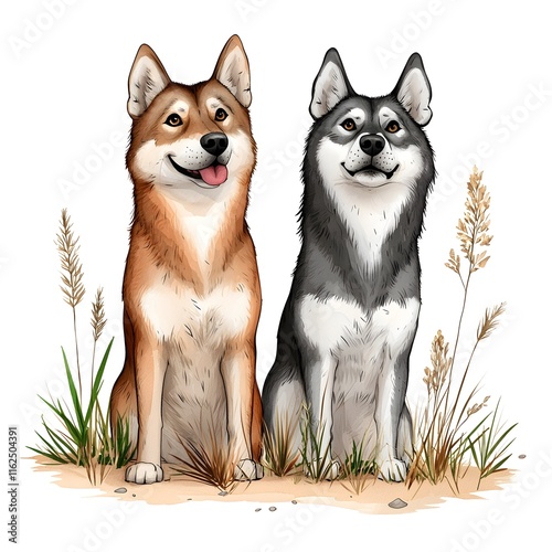 Two adorable dogs sit together in a lush landscape, showcasing their playful expressions. This artwork captures the beauty and companionship found in nature.