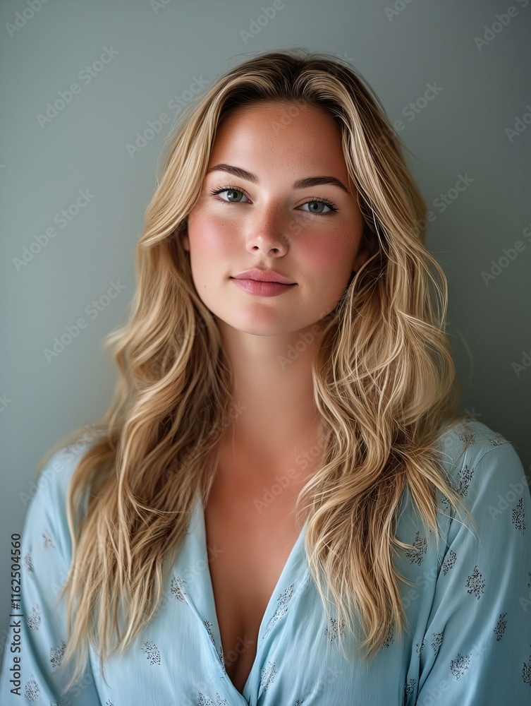 A woman with long blonde hair wearing a blue shirt A woman with long blonde hair wearing a blue shirt