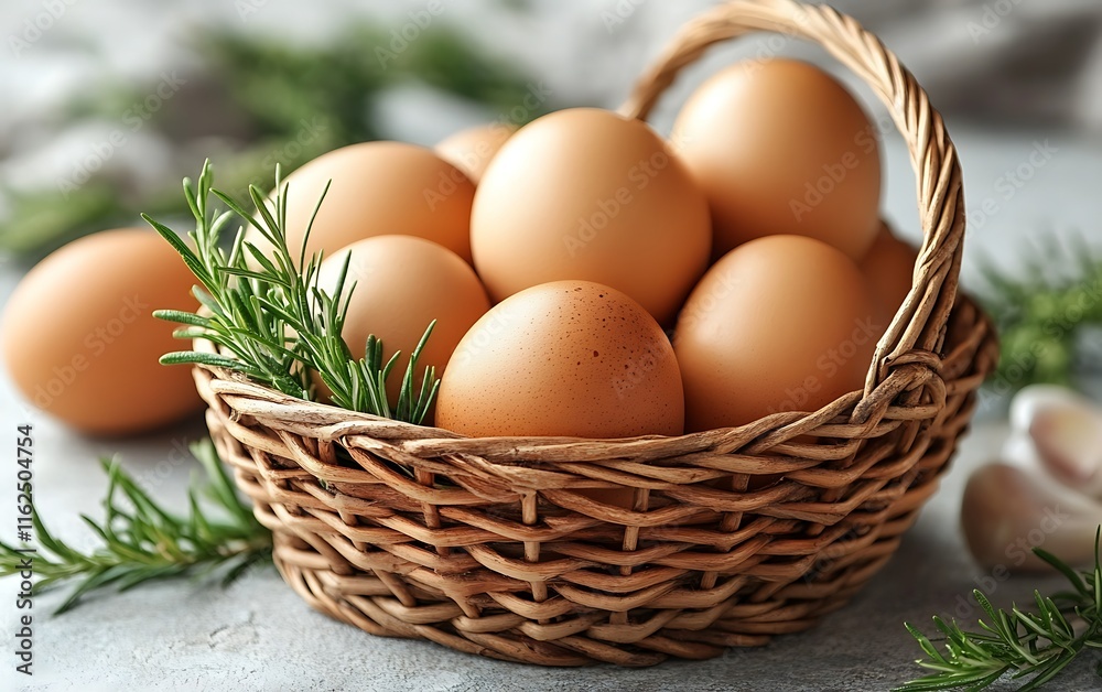 Brown eggs in a wicker basket with fresh rosemary sprigs and garlic cloves. Brown eggs in a wicker basket with fresh rosemary sprigs and garlic cloves.