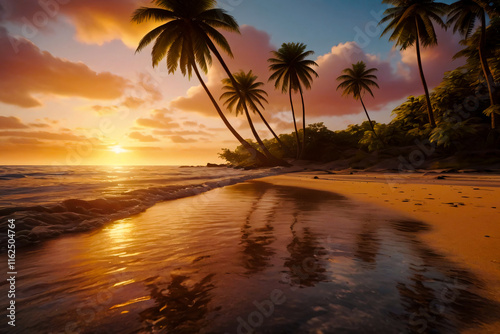 A tropical beach at sunset. The sky is painted in shades of orange and pink with scattered wispy clouds. Gentle waves sweep across the wet sandy beach.