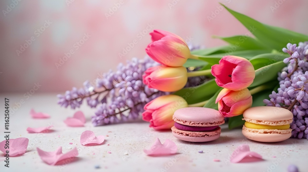 Tulips, lilac blossoms, and macarons are arranged on a marble surface against a pink background, leaving ample copy space, March 8 Women's Day Concept Tulips, lilac blossoms, and macarons are arranged on a marble surface against a pink background, leaving ample copy space, March 8 Women's Day Concept