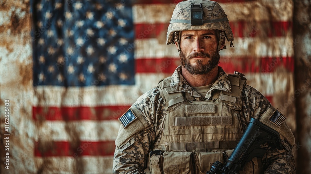 Soldier in uniform stands before a large American flag. Soldier in uniform stands before a large American flag.