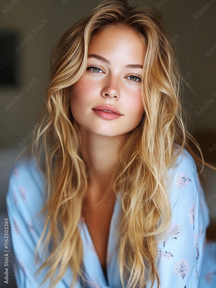 A woman with long blonde hair wearing a blue robe