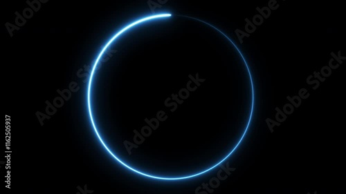 Modern glowing preloader animation and loading progress circle bar on black background. Blue neon charging circle swirling