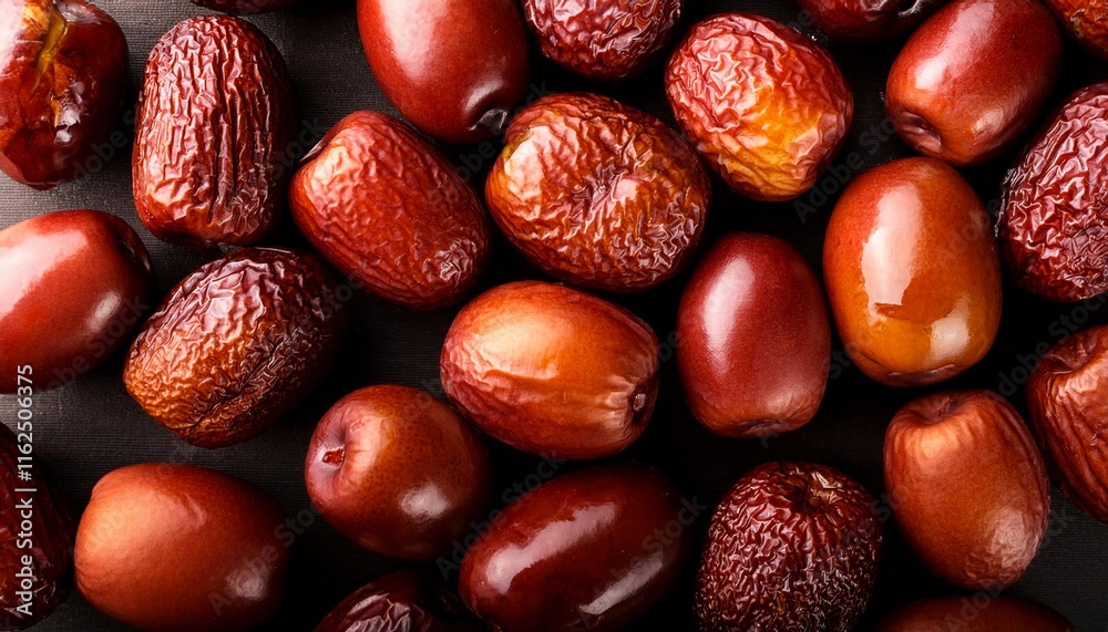 Obraz premium Flat Lay Top View of Bright Ripe Fragrant Brown Jujube Fruit as Background