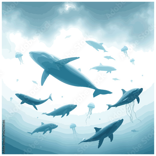 A collection of vector illustrations of sea animals, including whales, dolphins, and jellyfish, isolated on a white background