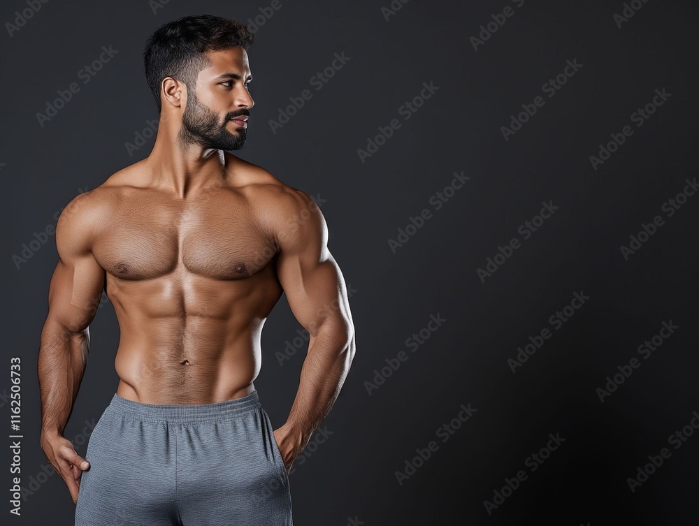 Fototapeta premium A shirtless man with a beard standing with his hands in his pockets