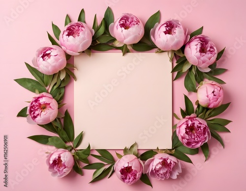 An aesthetic Valentine's Day  card  featuring a wreath made of pink peonies flowers, and a blank square paper sheet isolated on a pink background with copy space for the text love and romance concept