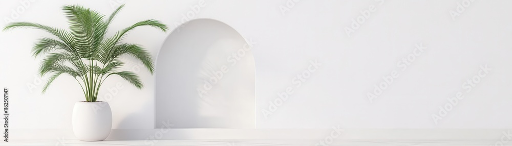 A minimalistic interior featuring a potted plant against a clean white wall with an arched alcove. A minimalistic interior featuring a potted plant against a clean white wall with an arched alcove.