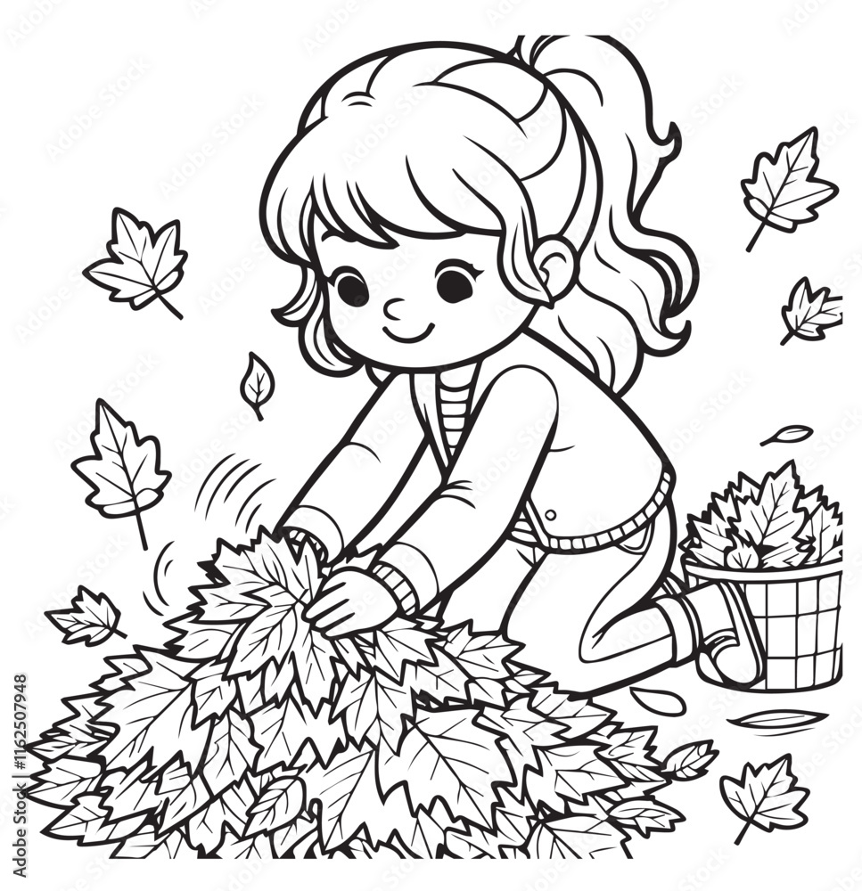 Coloring book girl catch spring leaves Coloring book girl catch spring leaves