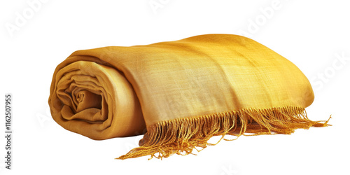 A meticulously folded golden silk shawl creates a visually appealing display against a pure white backdrop, showcasing its exquisite craftsmanship