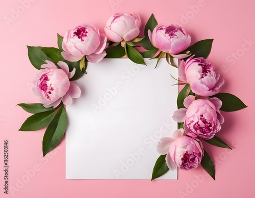 An aesthetic Valentine's Day  card  featuring a wreath made of pink peonies flowers, and a blank square paper sheet isolated on a pink background with copy space for the text love and romance concept photo