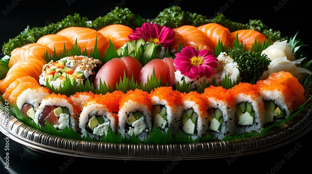 A Stunning Assortment of Exquisite Sushi Rolls with Fresh Ingredients and Artistic Presentation A Stunning Assortment of Exquisite Sushi Rolls with Fresh Ingredients and Artistic Presentation