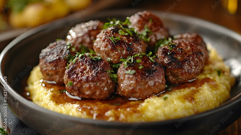Indulge in Gourmet Beef and Pork Meatballs Served on Creamy Polenta for Dinner Tonight Indulge in Gourmet Beef and Pork Meatballs Served on Creamy Polenta for Dinner Tonight