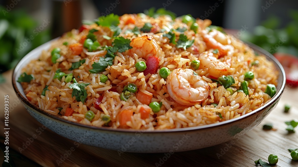 A Delicious Homemade Fried Rice Dish with Shrimp and Fresh Vegetables Garnished with Herbs A Delicious Homemade Fried Rice Dish with Shrimp and Fresh Vegetables Garnished with Herbs