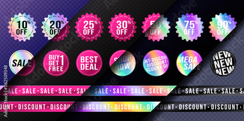 Sale Label Set, Discount, Special Price, Big Deal, Best Deal, Mega Sale, New Arrival, Price Cut, Vector Illustration Sticker Package, Shopping Template Banner.