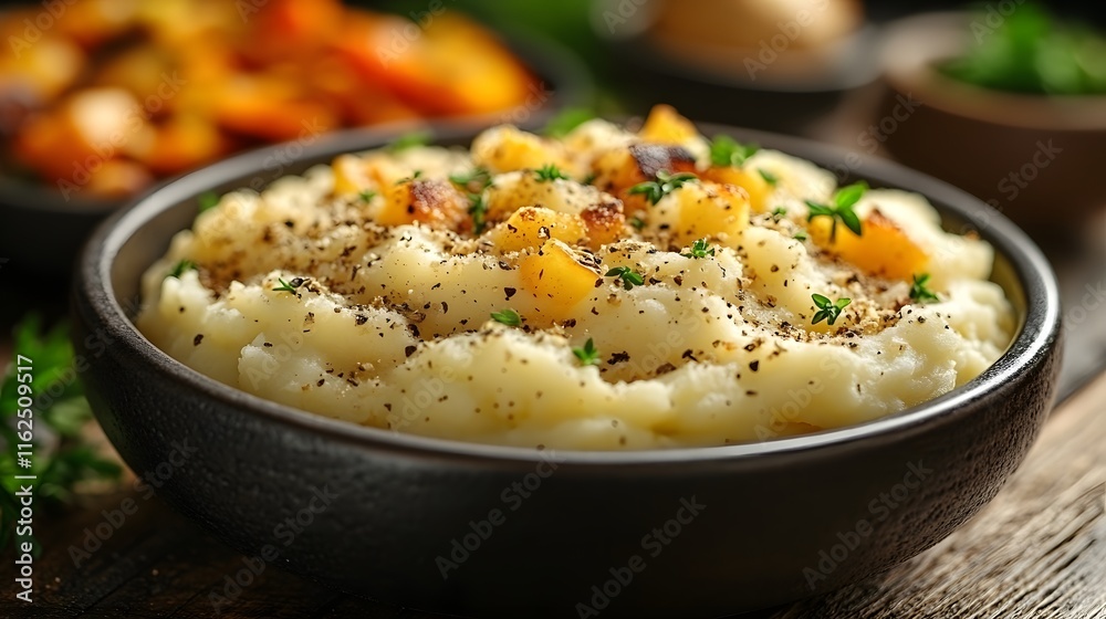 A Delectable Serving of Creamy Mashed Potatoes with Roasted Vegetables on a Rustic Table A Delectable Serving of Creamy Mashed Potatoes with Roasted Vegetables on a Rustic Table
