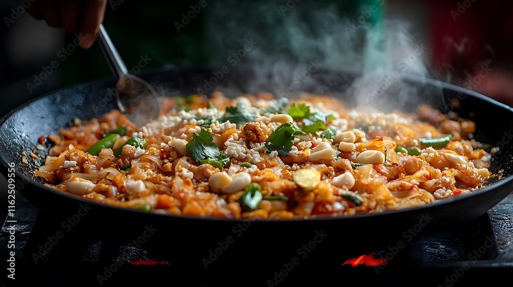 A Vibrant and Colorful Pad Thai Street Food Scene with Happy Customers and Appetizing Meals A Vibrant and Colorful Pad Thai Street Food Scene with Happy Customers and Appetizing Meals