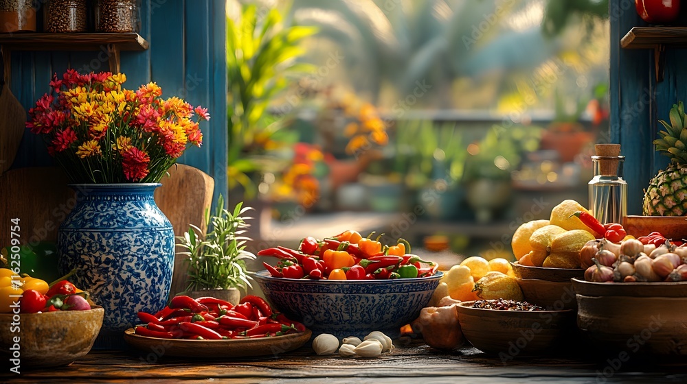 A Detailed Artistic Close-Up Featuring a Vibrant Assortment of Fresh Chili Peppers in a Rustic Kitchen Setting A Detailed Artistic Close-Up Featuring a Vibrant Assortment of Fresh Chili Peppers in a Rustic Kitchen Setting