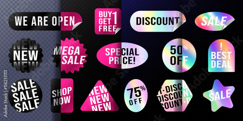 Sale Label Set, Discount, Special Price, Big Deal, Best Deal, Mega Sale, New Arrival, Price Cut, Vector Illustration Sticker Package, Shopping Template Banner.