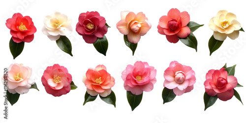 A collection of exquisite Camellia japonica flowers is elegantly presented against a pristine white background, showcasing their delicate petals and vibrant hues.