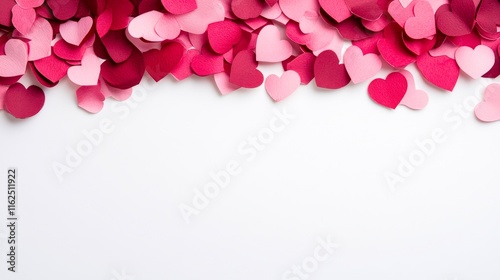 Vibrant pink and red paper hearts scattered on a white background, perfect for romantic designs, Valentine's Day cards, or crafting projects, Add a touch of love and creativity to your work,