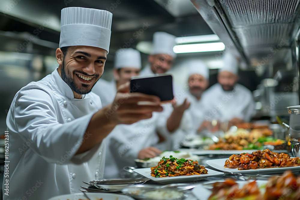 Happy Chef Taking Photo of Delicious Food Happy Chef Taking Photo of Delicious Food