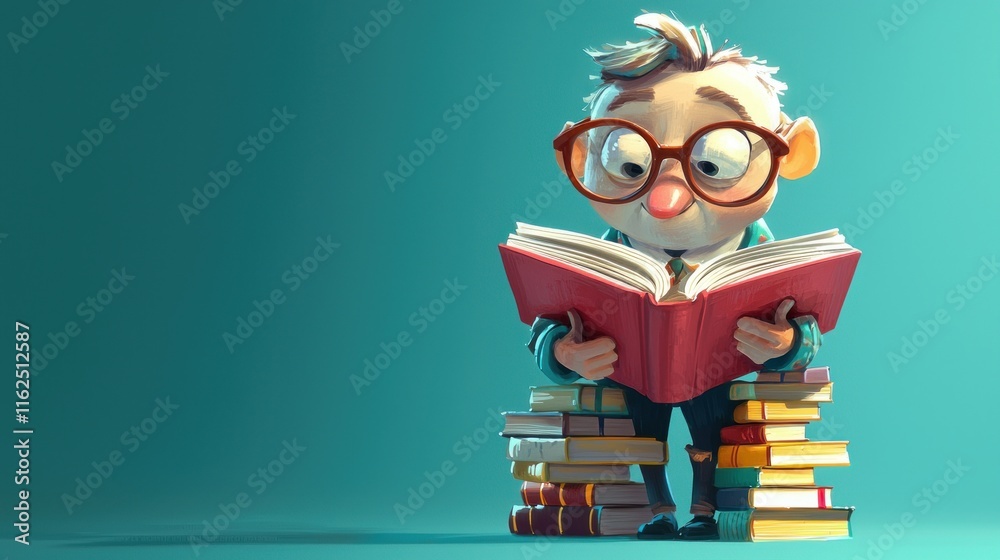 A Bookish Boy Reads a Red Book Amidst Stacks of Books A Bookish Boy Reads a Red Book Amidst Stacks of Books