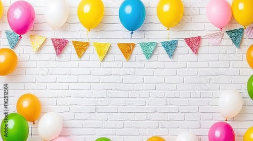 White Brick Wall with Balloons and Pennant Banner for Party Decor