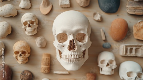 Artistic arrangement of skull replicas and fossils on a wooden surface, evoking history and anthropology