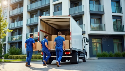 Pro movers unload boxes from truck into modern apartment building. Teamwork efficiently handles moving service. Urban setting. Daylight. Clear sky. Residential relocation. Efficient transport of